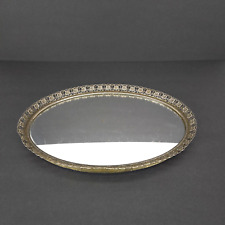 vintage vanity mirror tray floral gold tone Filigree oval hollywood regency picture