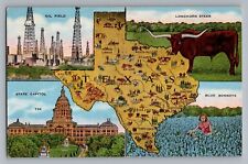 Texas Map Blue Bonnets Longhorns Oil Field State Capitol Linen Postcard 1944 picture
