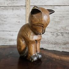 Vintage Wood Carved Sleeping Cat Figurine Animal Wooden Display Unique 8 Inches picture