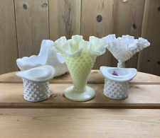 Milk Glass Lot Fenton Hobnail Crimp Vase Dish Top Hat White Yellow Vintage picture