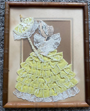 ANTIQUE  RIBBON ART PICTURE Paper Doll in Yellow Velvet Ribbon & Lace Framed picture