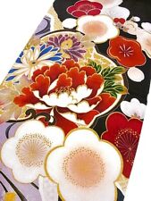 u066-a_Unused Japanese Kimono Fabric_Silk,Black,Peony,Michinagadori,Yuzen,98 cm picture