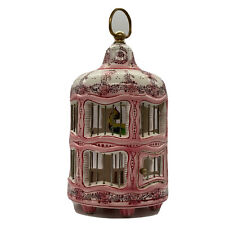 Antique French Faience Ceramic Bird Cage Pink & White with Yellow & Green Bird picture
