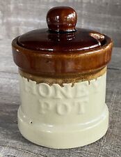 Vintage Glazed Pottery Crock HONEY POT Jar w Lid Two Toned Brown & Tan Excellent picture