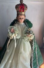 Vtg Infant Of Prague Chalkware Statue Glass Eyes Filigree Crown Robe 16” picture