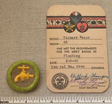 Vintage 1949 PLUMBING Merit Badge PATCH & CARD Central Washington Area Council picture