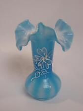 Antique Victorian Cased Blue White Opalescent Striped Hand Paint Ruffle Bud Vase picture