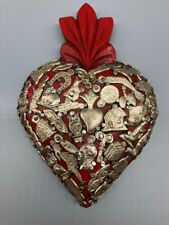 WOODEN MILAGROS SACRED HEART WITH OVER 40 CHARMS picture