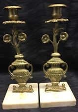 Atq Rare Brass on Marble Matching Candlestick Pair Flowers Vase Victorian? picture