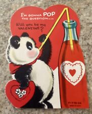 VTG 1950’s Die Cut Valentine Card~”I’m Gonna Pop The Question~ Panda~Soda Pop picture