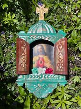 Antiqued Turquoise Nicho, JESUS with SACRED HEART Image, Mexican Nicho picture