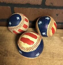 Set of 3 Primitive Americana Patriotic Painted Baseballs Decor picture