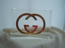 GUCCI LUCITE LOGO STORE DISPLAY Brass Gold GG Clear Plastic Block Perfume Watch picture