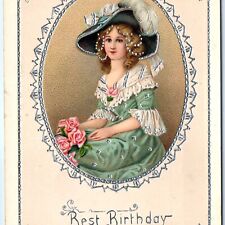 c1910s Best Birthday Wishes Silver Embossed Postcard Victorian Fashion Girl A67 picture