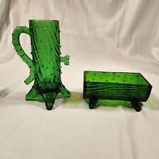 Well Pump and Trough Green Glass Cream Sugar Or Vase Small Pot Looks Like Cactus picture