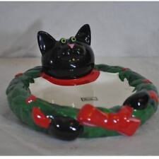 VTG Department Dept 56 7” Black Cat Christmas Wreath Candy Dish Display picture