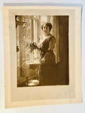 Antique Photograph Portrait Woman Looking Out Window Curtains Flower Vase 1914 picture
