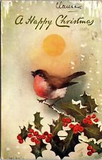 1908 Raphael Tuck Postcard A Happy Christmas Bird Holly Holiday Posted picture