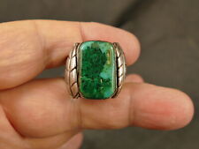 NAVAJO 21X13.5MM CHRYSOCOLLA SILVER RING FEATHERS 16.4 GMS VINTAGE TUCSON ESTATE picture