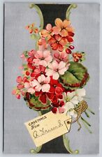 Greetings From~Bouquet Of Flowers W/ Tag~PM 1908~Printed In Germany~Vintage PC picture