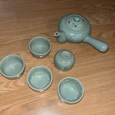 Celadon Korean Antique Tea Pot Set 7 Piece Clouds & Cranes picture