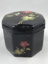 Vintage Porcelain Trinket Box￼ Octagon Black With Lid Floral & Hummingbird Japan picture