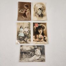Antique RPPC Postcard Lot 5 Victorian Hand Colorized Girls Flowers French picture