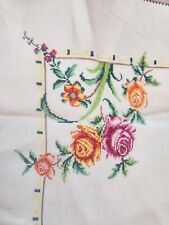 Vintage Embroidered Cottagecore  Tablecloth Floral Farmhouse Roses picture