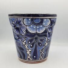 Talavera Mexican Pottery Medium Planter Pot Handpainted Terracotta Blue White 8
