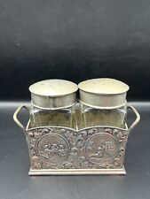 Vintage Salt&Pepper Shakers W/Intricate Metal Work Holder picture
