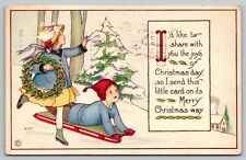 Illustrated PC Merry Christmas Children on Snow Sled early 1900s picture
