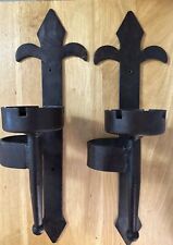 2 Forged Wrought Iron Fleur De Lis Wall Hanging Medeival Iron Candle Holders 17” picture
