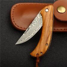 Straightback Folding Knife Pocket Hunting Survival Outdoor Damascus Steel Wood S picture