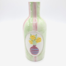 Small Flower Vase Ceramic Floral Etched Design Green Pink Yellow 6.50 in. picture