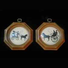 Vintage Pair Silhouettes Victorian Couple, Horse Drawn Carriage, Concave Glass picture