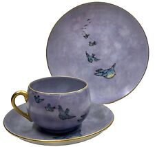 Antique Hand Painted Cup Saucer & Dessert Plate Set Blue Birds Gold Edge Signed picture