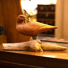 Vintage Very Fine Wood Hand Carved Shorebird Carving on Driftwood Mount picture