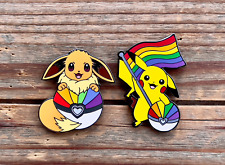 Pride Eevee & Pikachu - LGBT Gay Rainbow Flag Love - Pokemon Hard Enamel Pin Set picture