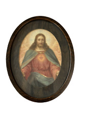 Vintage Jesus Picture Small Oval Metal Frame Vintage MCM Sacred Heart of Jesus picture