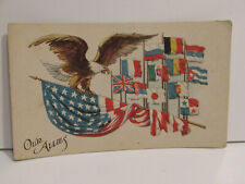 RARE 1918 WW1 WWI VINTAGE ANTIQUE OUR ALLIES FLAGS AMERICAN FLAG USA POSTCARD picture