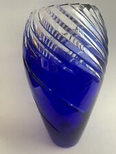 Vtg Heavy BOHEMIAN Lead Crystal MIKASA BLUE CUT to CLEAR Vase. picture
