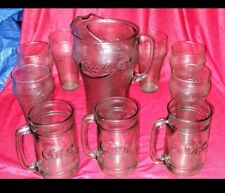 Vintage Coca Cola Pebbled Green Glass Pitcher And Glasses 10 Piece Set picture
