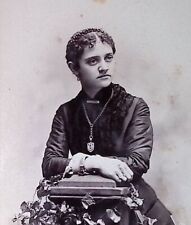 C.1880s Cabinet Card New York City Beautiful Woman On Fence Post W Necklace A115 picture