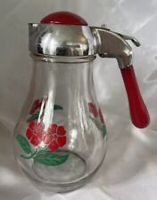 Vintage Dripcut Syrup Dispenser Red Flowers Clear Glass Red Bakelite Handle USA picture