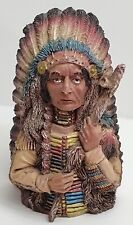 Sculpture Native American Indian Statue Man Brown Peace Pipe Red Feather Band.  picture