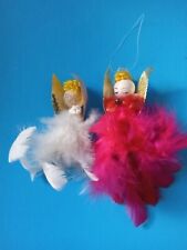 Lot of 2 Vintage Angel Christmas Ornaments Spun Cotton White Pink Feathers Japan picture