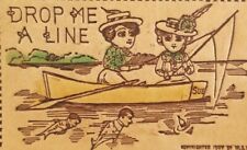 Vintage 1907 Drop Me A Line Women Canoe Fishing For Men Leather Postcard picture