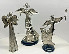 Vintage 3PC Silver Metal Angels - 2 Tealight Candle Holders, 1 Playing Harp picture