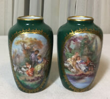 Pair Of Antique Limoges French Hand Painted Green Porcelain Miniature Vases picture