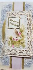 Antique 1910s CHRISTMAS GREETINGS Paper Lace CARD HYBRID FOLDOUT Ribbon  A4 picture